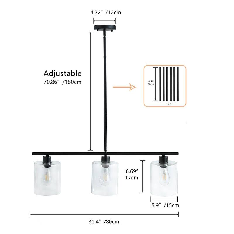 Modern Black 3-Light Unique Linear Design Transparent Cylinder Glass Pendant