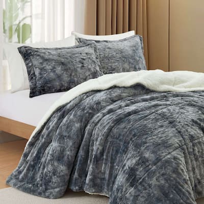 Dual-Side Fluffy Sherpa Comforter Set, Winter Plush Fuzzy Bedding Set