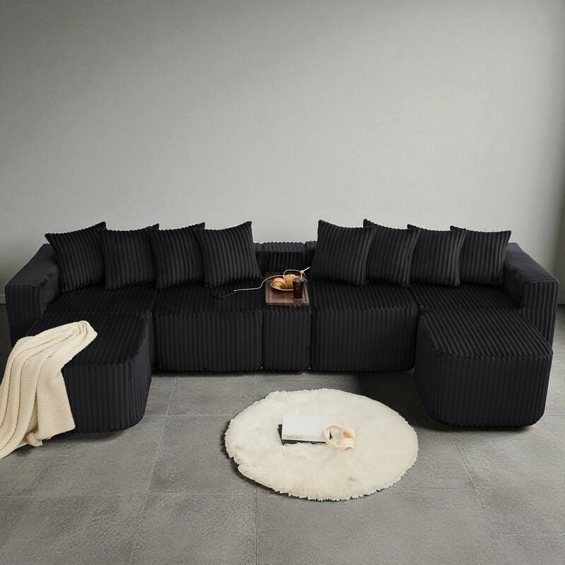 137.5" U-Shaped Modular Sofa with USB & Wireless Charging, Coffee Table Board, Cup Holders, Movable Footstool, Corduroy - Black