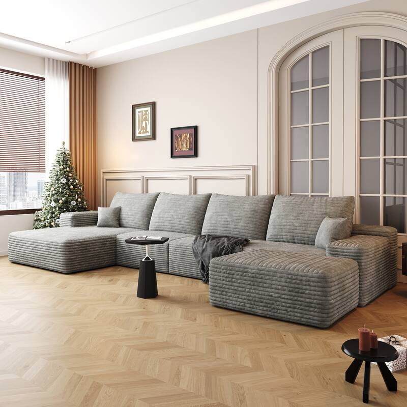 Corduroy Upholstered U-shaped Sectional Sofa with Chaise and Ottoman