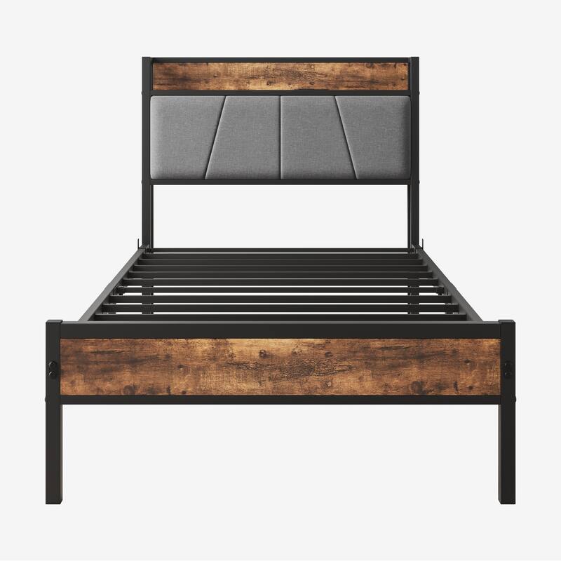 Black Metal and Wood Twin Bed Frame with Storage Headboard, USB Ports and Outlets