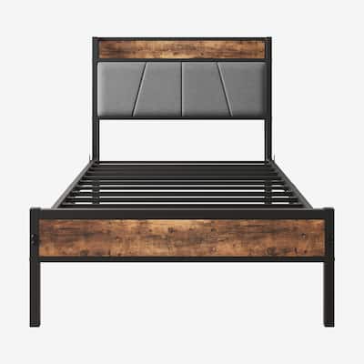 Twin Size Bed Frame, Storage Headboard with Charging Station, No Box Spring Needed