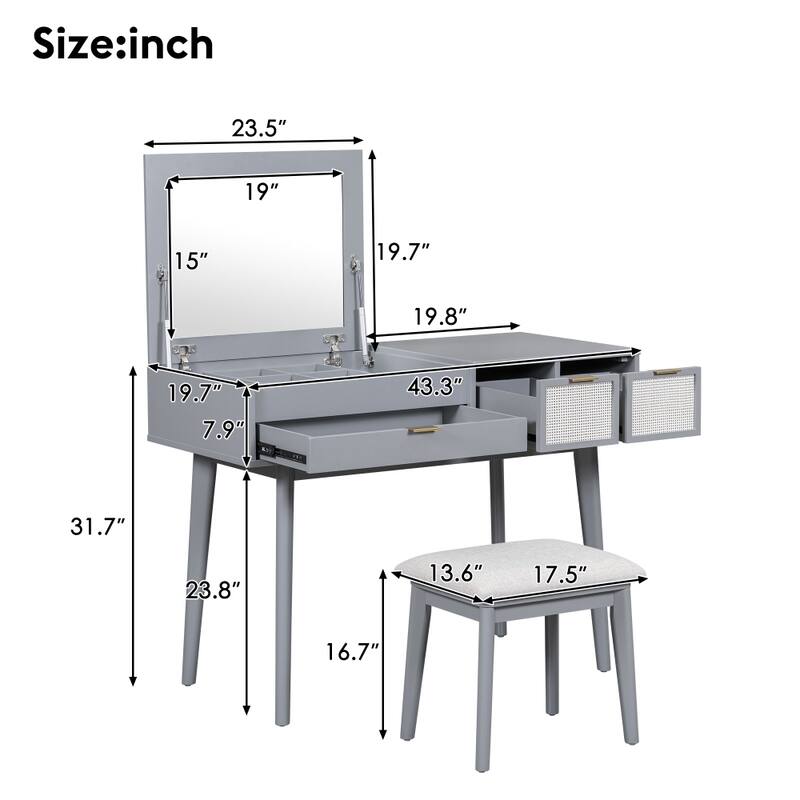 43.3" Classic Wood Makeup Vanity Set with Flip-top Mirror and Stool