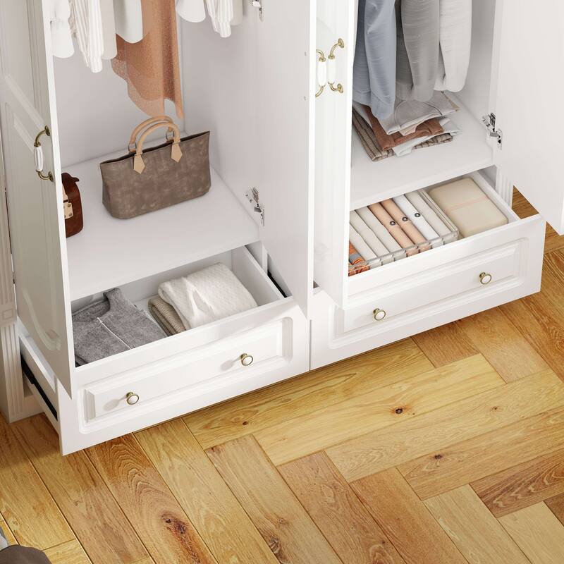 White Wardrobe Closet with 2 Drawers - Modern Storage Cabinet
