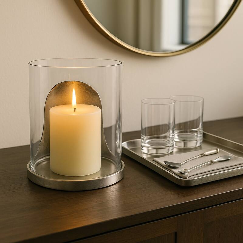 Metal Glass Lantern Hurricane Modern Design Home Office - Silver - 8.5"