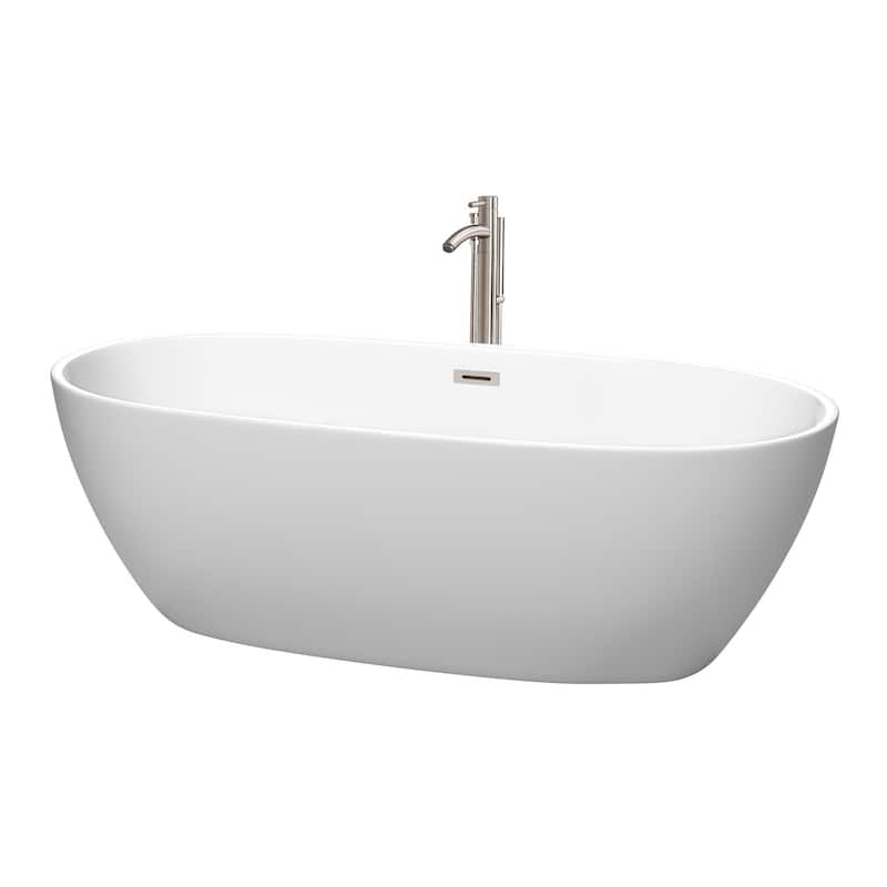 Wyndham Collection Juno 71-Inch Matte White Freestanding Tub w/ Faucet - Matte White, Brushed Nickel Trim & Faucet
