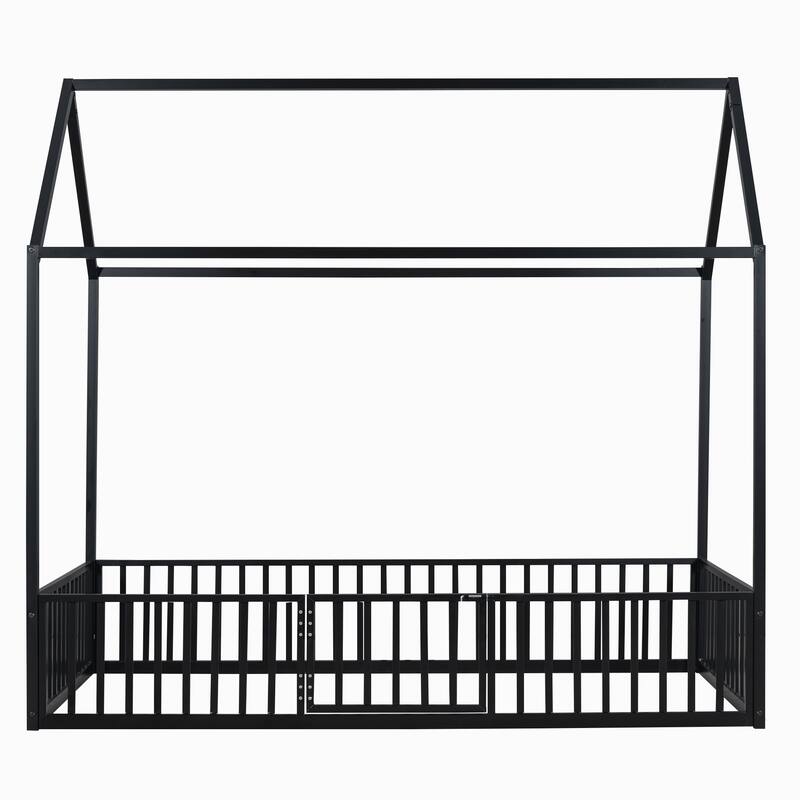 Metal House Bed with Fence, Roof & Door