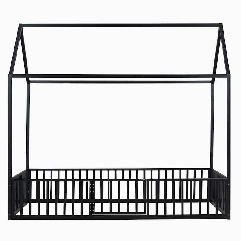 Twin Size Metal House Bed with Fence, Roof and Door for Kids, Boys and Girls, Bedroom