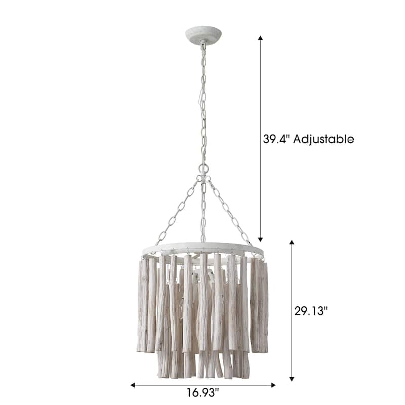 17" 4-Light Coastal 2-Tier Round Fringe White Wood Chandelier - 16.93 " D x 16.93 " W x 29.13" H