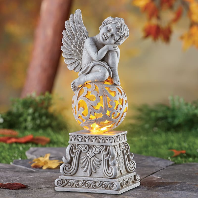 Enchanting Leaning Cherub on Solar Powered Balled Garden Statue - 5 x 10.5 x 4.37 - Grey - 5 x 10.5 x 4.37 - Resin