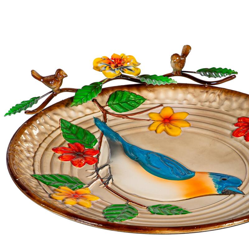 17" Metal Bird Bath, Blue Bird With Flowers