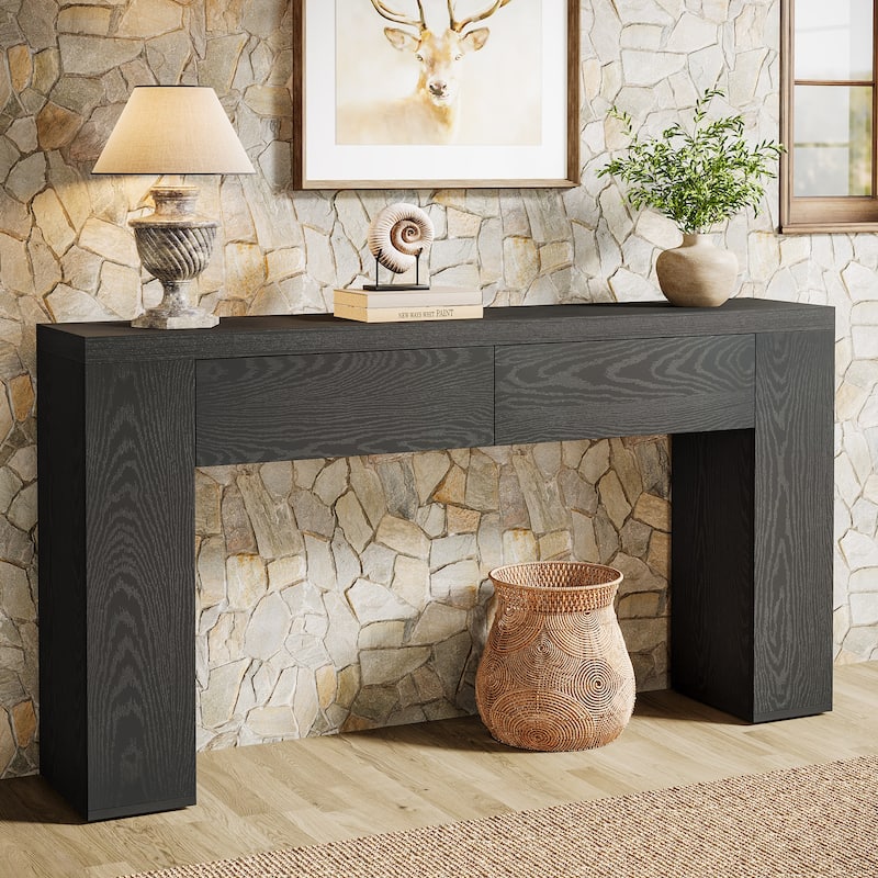 63-Inch Wooden Console Table, Farmhouse Rustic Brown Sofa Table - Black