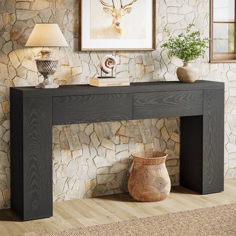 63-Inch Wooden Console Table with 2 Hidden Drawers, Sofa Table for Living Room, Hallway, Entrance, Foyer