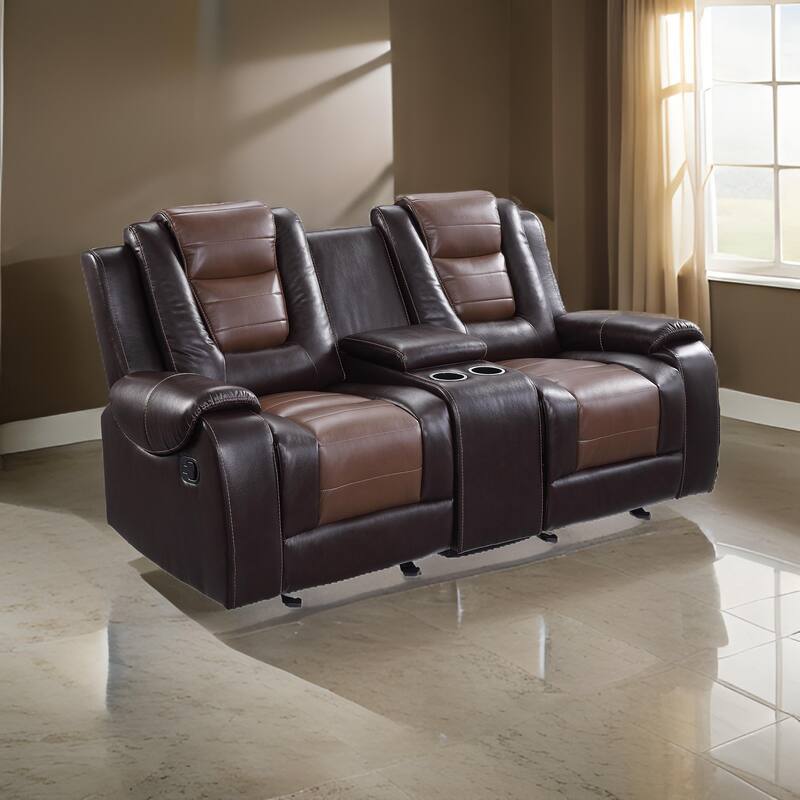Istro 76 Inch Dual Manual Recliner Loveseat, Console, Brown Faux Leather