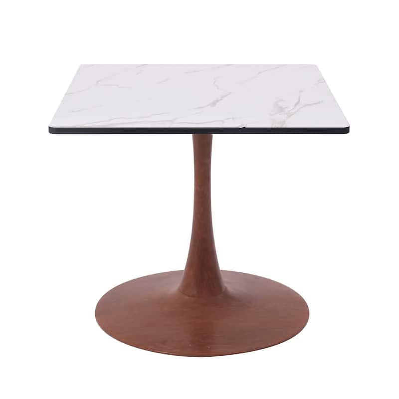 Bristol 27" Square Dining Table with Marbled White MDF Top and Steel Pedestal Base for Modern Kitchen and Dining Room - 27 in. - Cherry