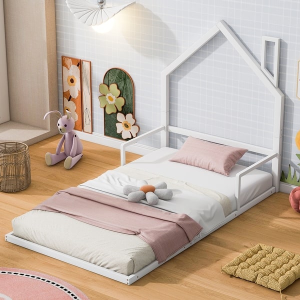 slide 2 of 27, Metal Floor Bed with House-shaped Headboard and Fence for Boys and Girls Twin - White