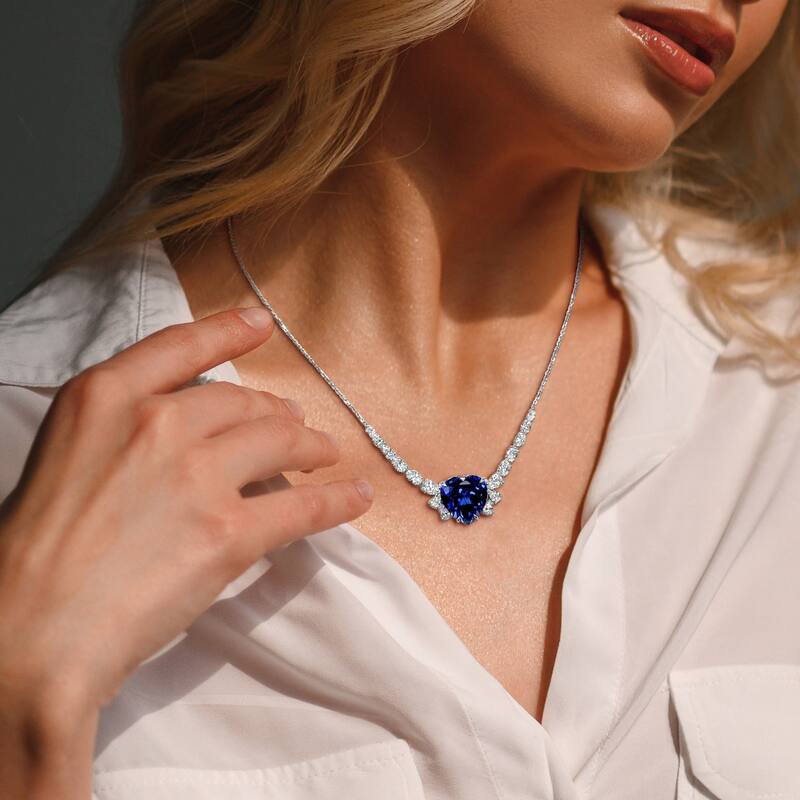 Miadora 12 3/8ct TGW Created Blue Saphire 3 1/7ct TDW Lab-Grown Diamond Necklace 14k White Gold