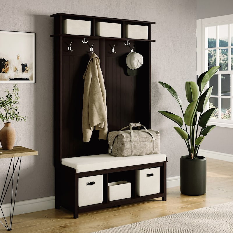 John Louis Home Solid Wood Hall Tree with Shoe and 2 Bin Storage - Espresso