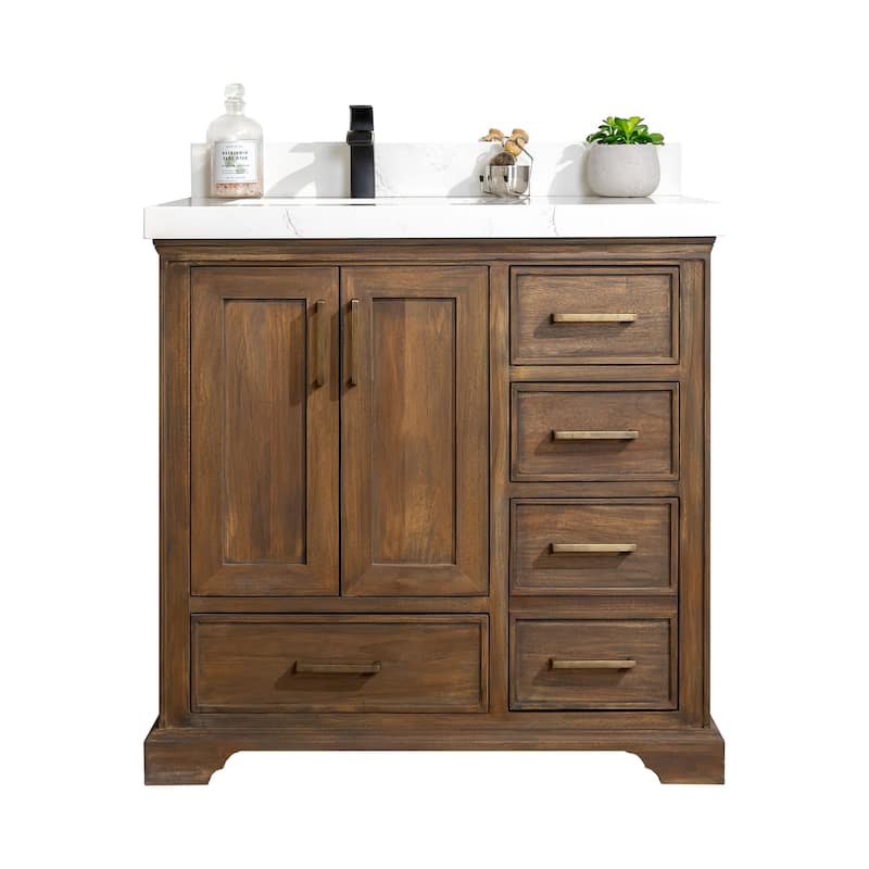 Willow Collections 36 in. W x 22 in. D Charlotte Teak Left Offset Sink Bathroom Solid Teak Vanity with Countertop - 2" Empira White - Grey