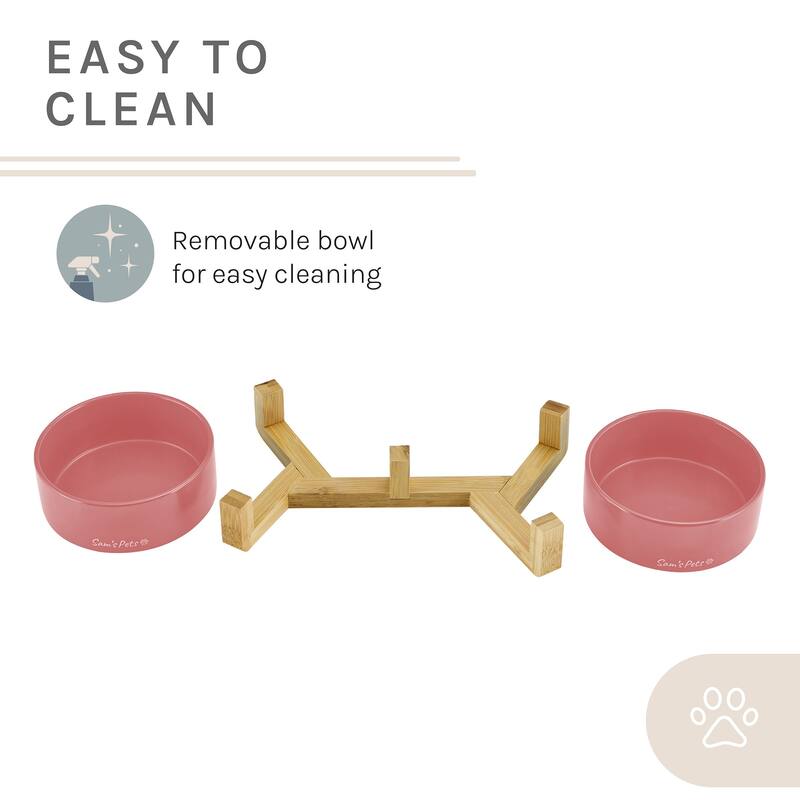 Coco Dual Pet Bowl with Wood Stand 5.11'' in Pink - 10.8