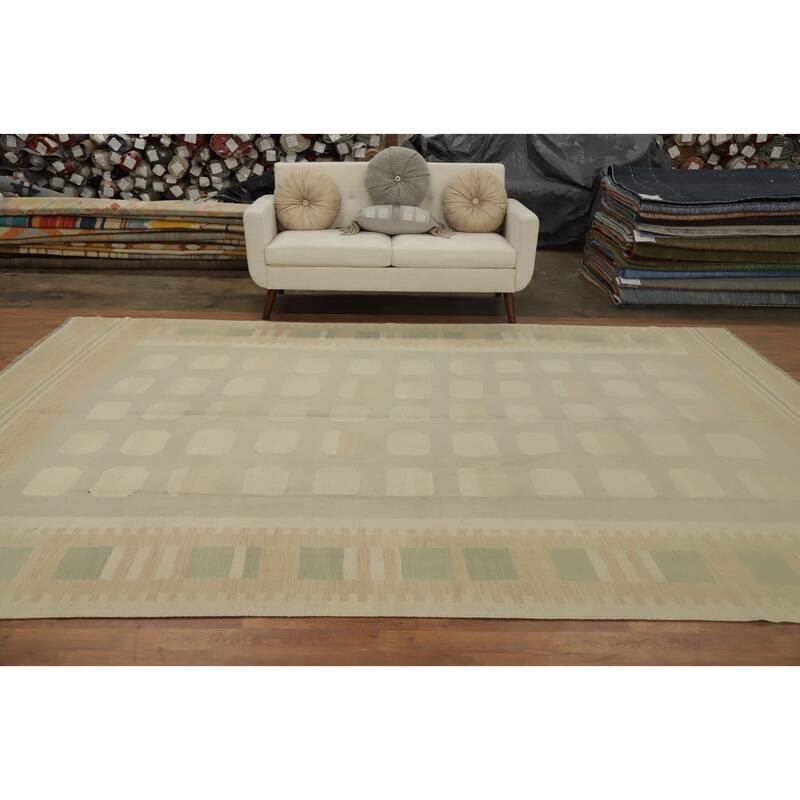 Hand Woven Oriental 100% Wool Carpet Southwestern Tribal Beige & Ivories Kilim Area Rug - 12' 2'' X 8' 10''