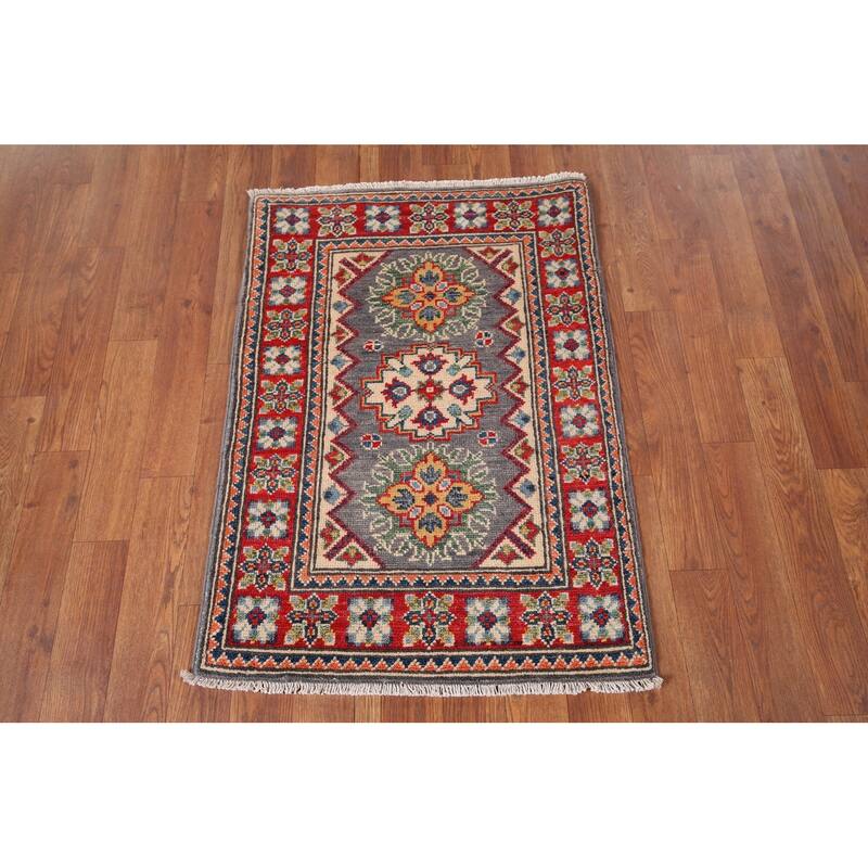 Geometric Kazak Accent Rug Handmade Grey Wool Carpet - 2'1" x 2'11"