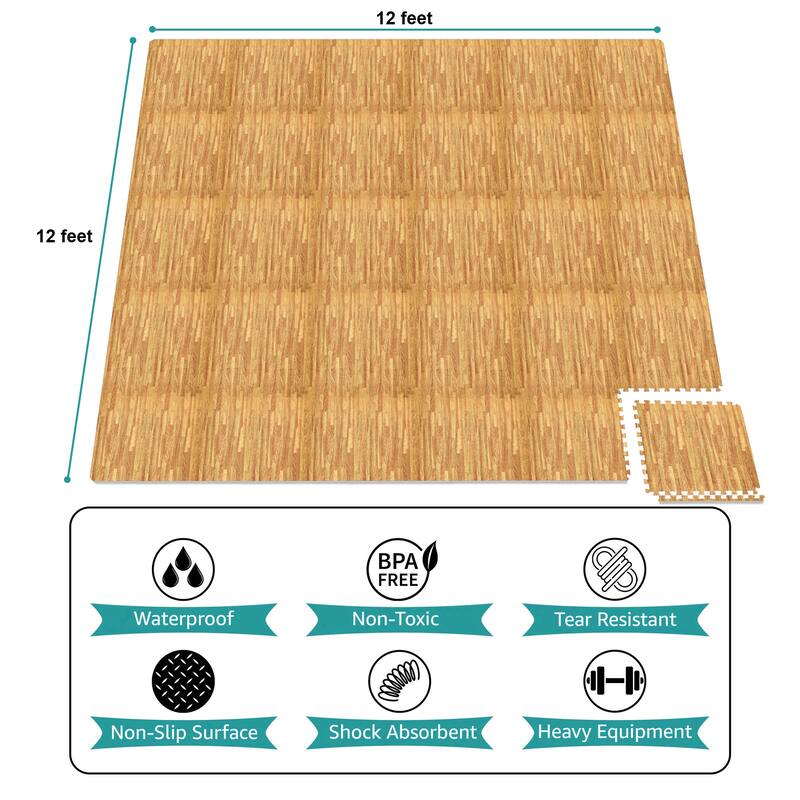 Sorbus 144 Sq. Ft. Wood Grain Floor Tiles Foam Mat EVA Interlocking Mats Tile 3/8-Inch Thick Flooring Wood Puzzle Exercise Mats