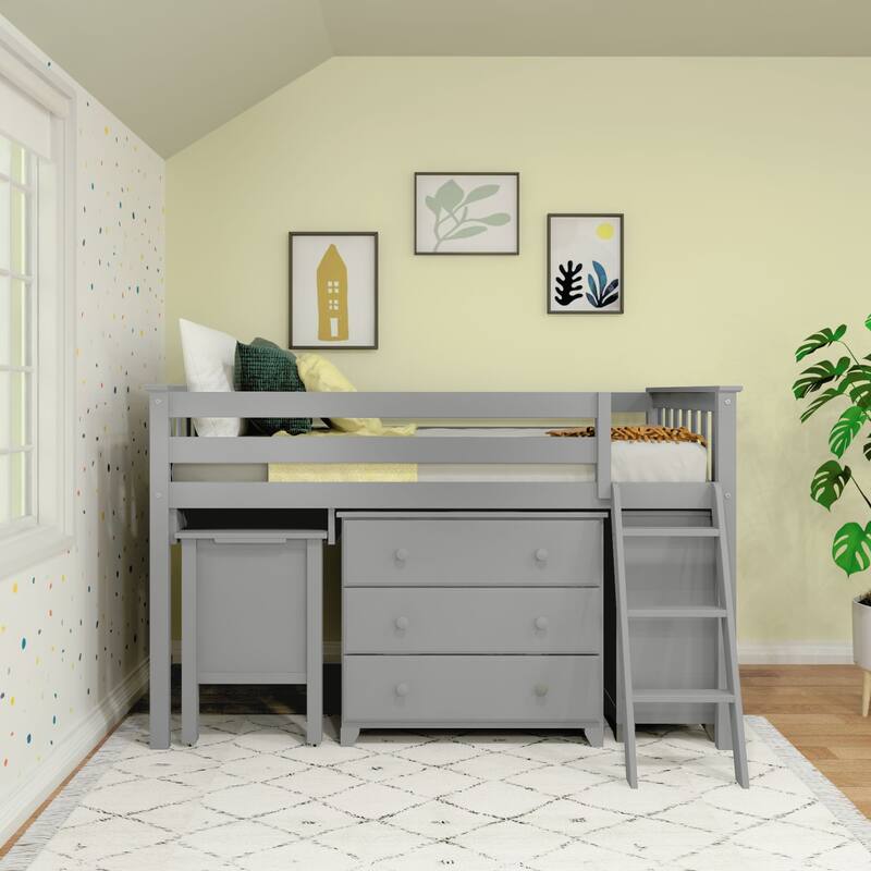 Max and Lily Twin-Size Low Loft with Pull-Out Desk and 3-Drawer Dressers