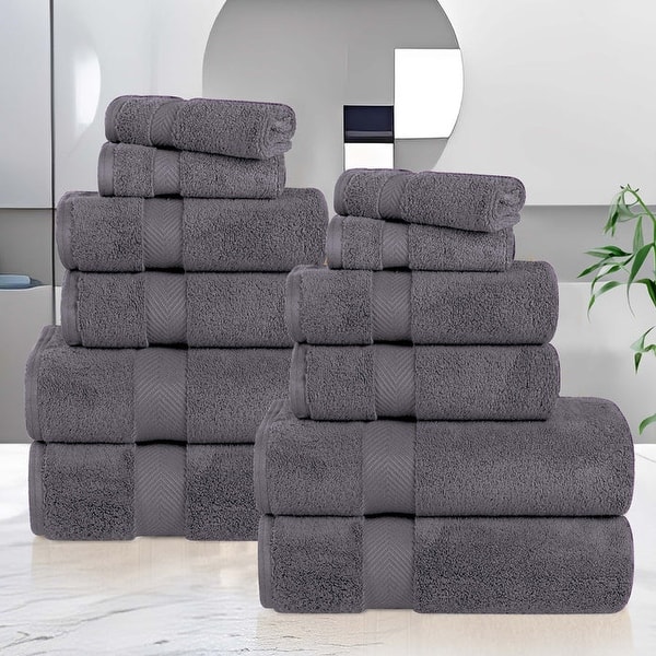 Superior Zero Twist Cotton Soft Absorbent 12 Piece Assorted Towel Set - Grey