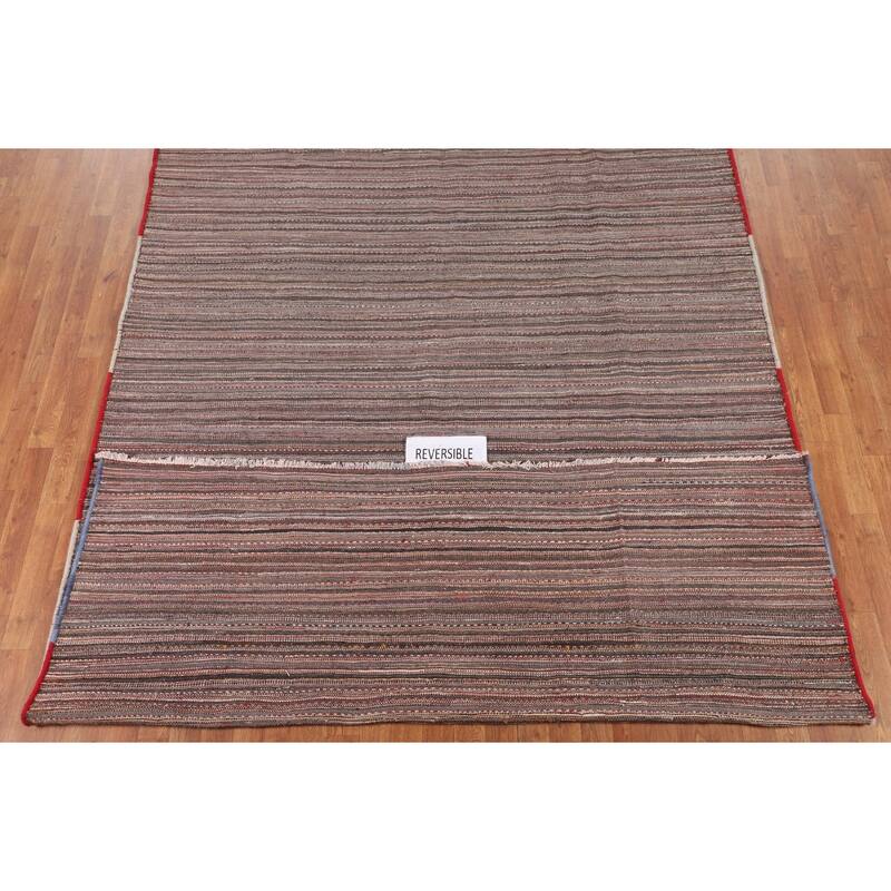 All-Over Striped Kilim Persian Vintage Area Rug Hand-Woven Wool Carpet - 7'3"x 11'0"