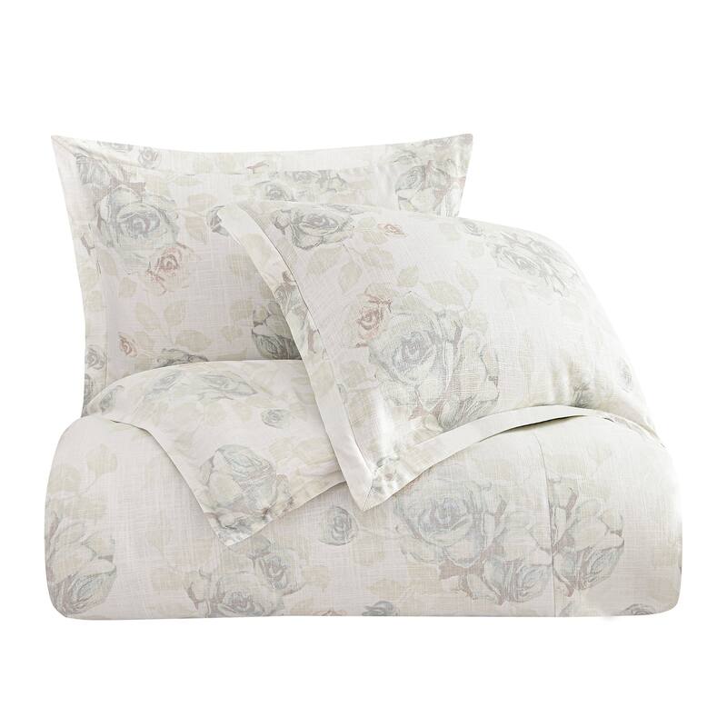 HiEnd Accents Rosaline Washed Linen Romantic Floral Comforter Set, 3PC