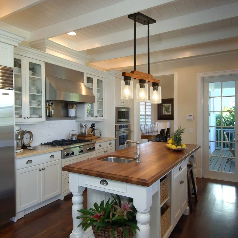Farmhouse Chandelier for Dining Room Kitchen Island Rustic Wood Linear Pendant Light with Seed Glass Shade
