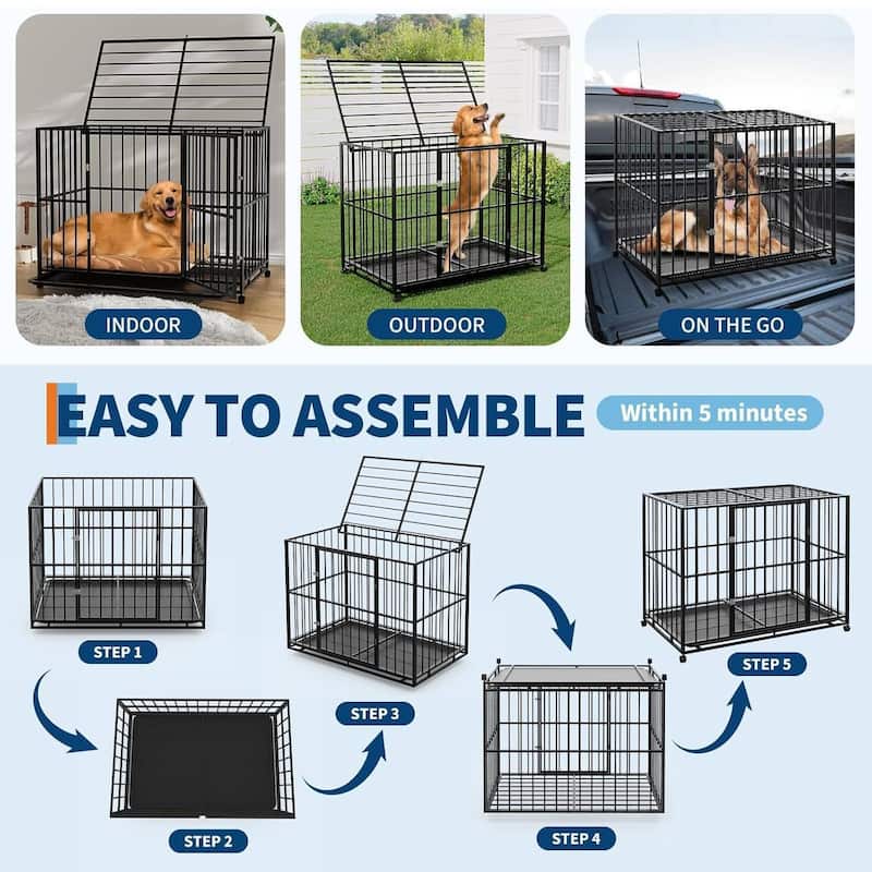 Heavy Duty Foldable Steel Dog Crate Chew-Resistant Kennel with Locking Wheels