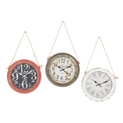 Metal Decorative Wall Clock with Rope accents - Set of 3 White - Roche River Decor