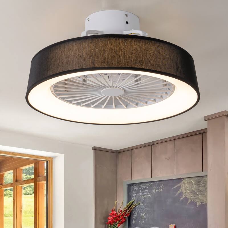 19 in. Rustic Wheel Round Fabric/ Woven Rope Fandelier 7-blade Cylinder Integrated LED Ceiling Fan with Remote Control - Black Fabric