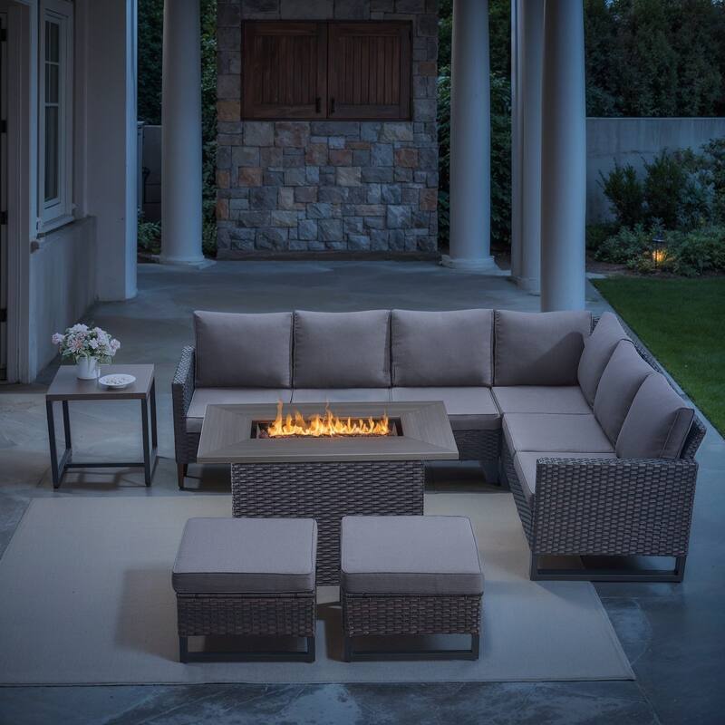 Patio Rattan Sofa Swivel Chair with Fire Pit Table - Grey cushion - Brown - Grey - Brown