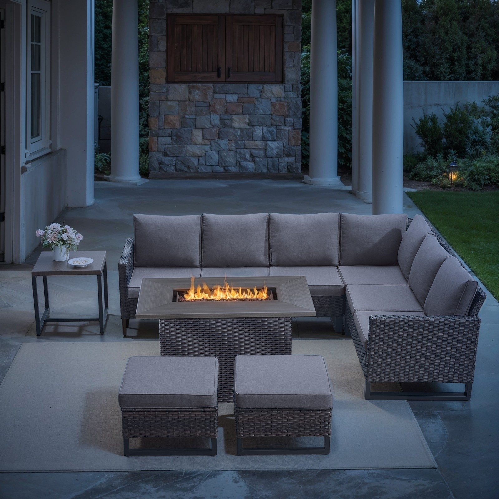 Patio Rattan Sofa Swivel Chair with Fire Pit Table - Grey cushion - Brown