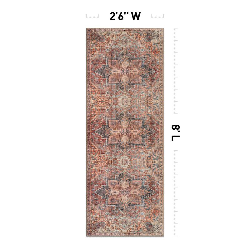 Beige Floral Medallion Washable Rug - Low Pile, Non-Slip