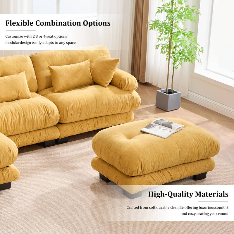 GALDWIN Velvet Upholstered 3-Seater Comfy U-shaped Cloud Tufted Free Combined Sectional Sofa with 2 Ottomans