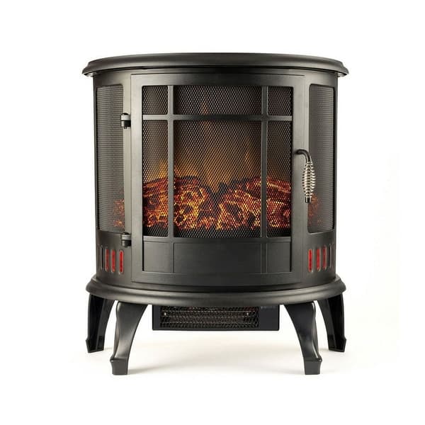 Image Of Curved Cast Iron Woodburner Contemporary Log Wood Burning Stove  Fireplace Mantle With Orange Fire Flames Burning And Generating Heat To  Warm Up Room Instead Of Gas Boiler Central Heating Modern