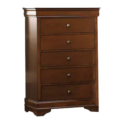 Transitional Style Wooden Chest With 5 Drawers, Cherry Brown