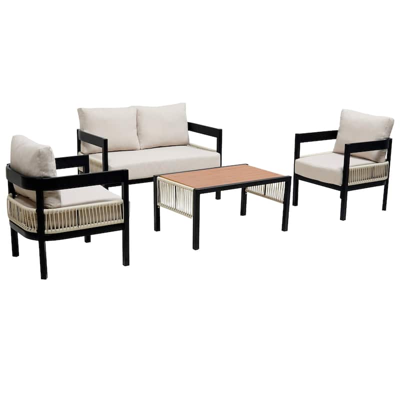 4-Piece Outdoor Iron Cnversation Sofa Set with Coffee Table, Rattan Decoration
