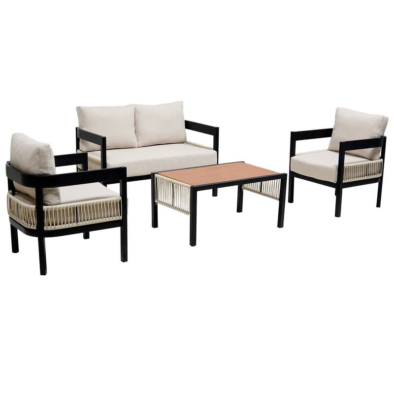4-Piece Outdoor Iron Sofa Set with Coffee Table & Rattan Decoration
