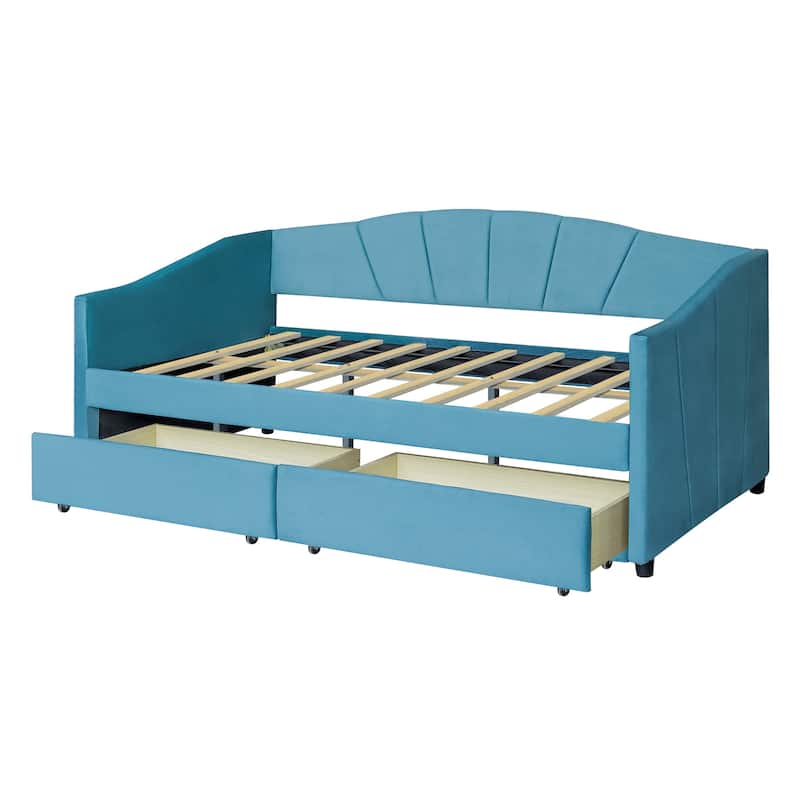 Upholstered Daybed Twin Size with Two Drawers and Wood Slat ,Beige