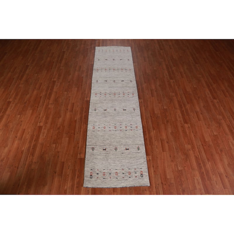 Hand Knotted Oriental 100% Wool Carpet Tribal Animal Pictorial Beige & Ivories Gabbeh Runner Rug - 9' 10'' X 2' 7''