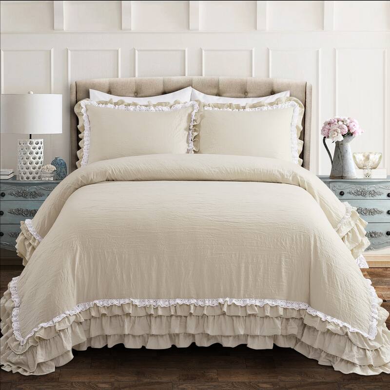 Silver Orchid Gerard Shabby Chic Ruffle Lace Comforter Set - Neutral - Full - Queen