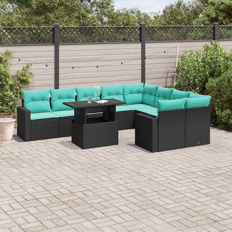 vidaXL 10 Piece Patio Sofa Set with Cushions Black/Brown/Gray Poly Rattan - 24.4 x 24.4 x 27.2 - Black