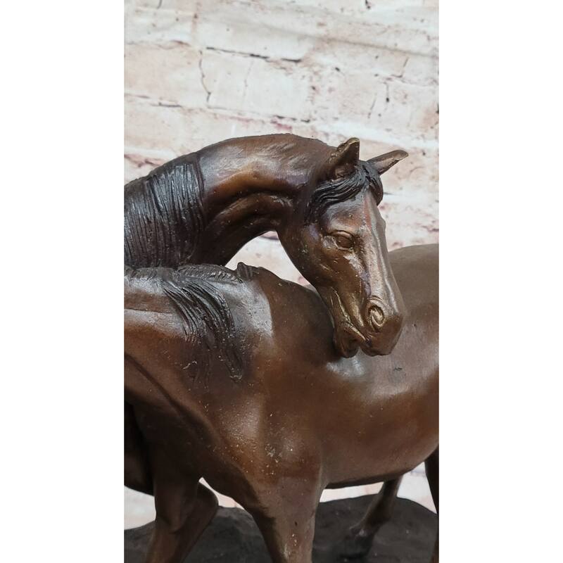 Bronze Horses Sculpture – Pair Of Grazing Stallions Statue On Marble Base
