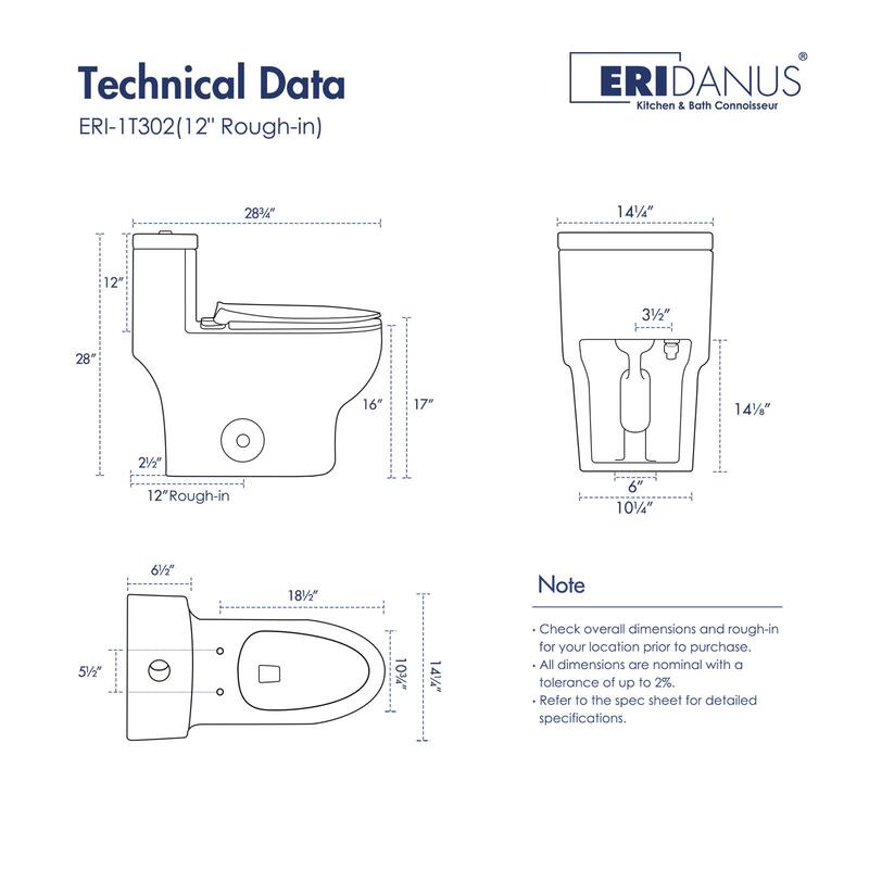 Eridanus Salerno Compact Elongated One Piece Toilet, Chair Height, 12-inch Rough in, Seat Included
