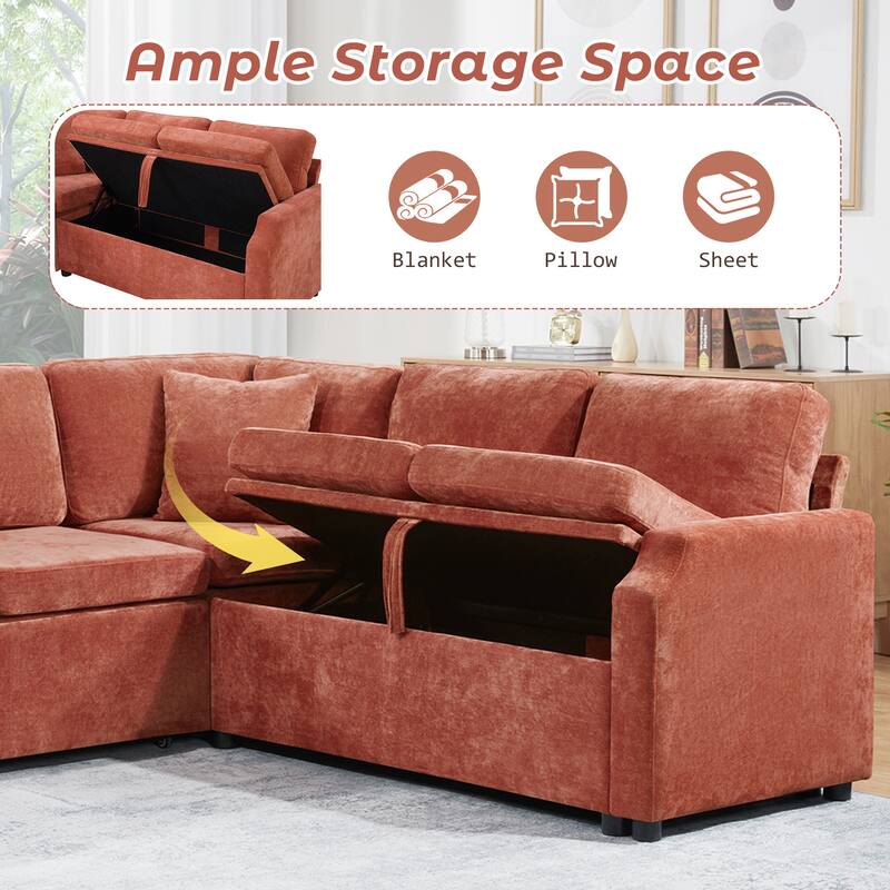 L-Shaped Sectional Upholstered Sleeper Sofa Convertible Pull-out Sofa Bed with Hidden Storage Space, Chenille Fabric